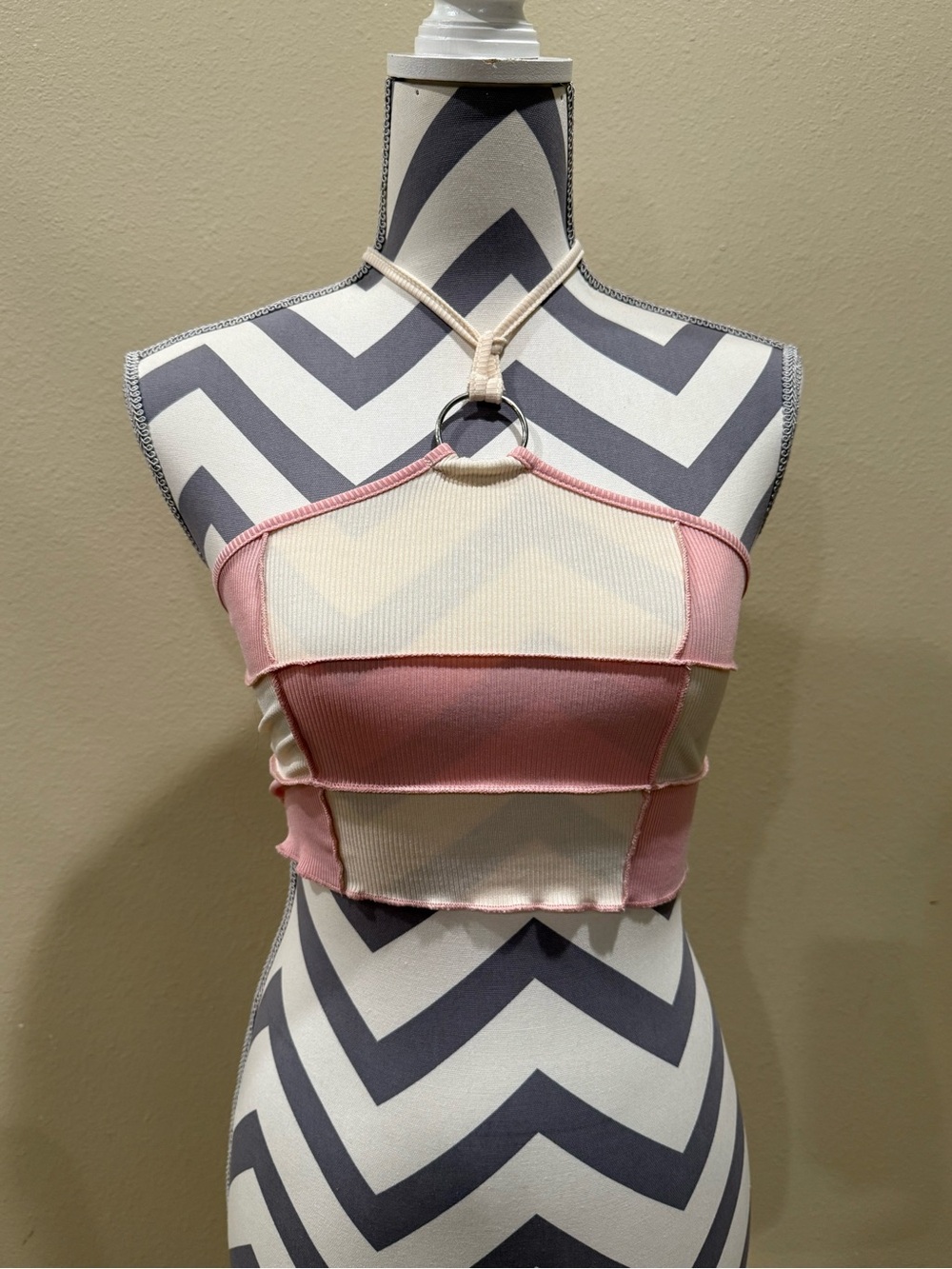 SHEIN Pink & Cream Halter Patchwork Ribbed Crop Top with Ring